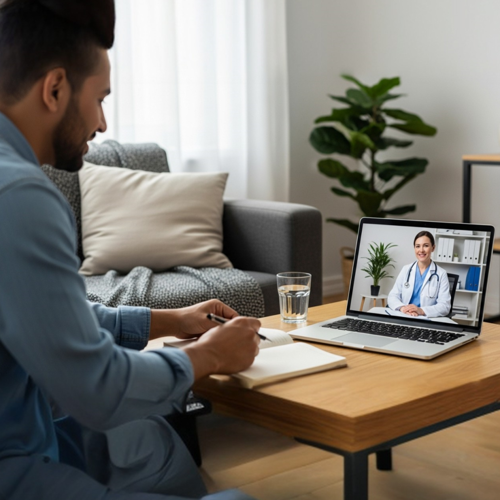 A smiling professional woman sitting comfortably on her couch at home, using a laptop for a secure video consultation with her doctor, symbolizing the convenience of telemedicine.