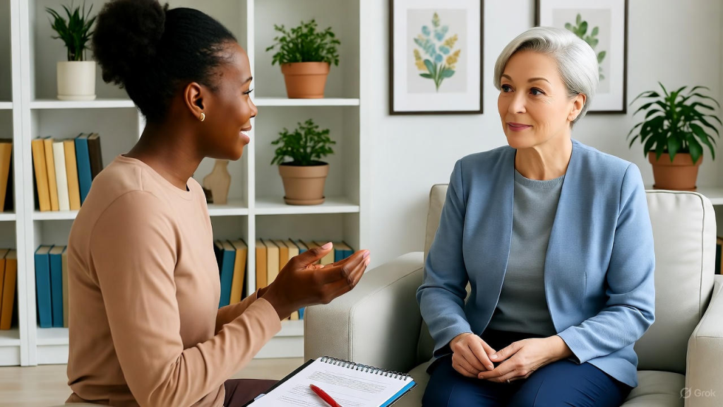 Patient receiving compassionate mental health support from a WellGen Health specialist in a comfortable clinic setting