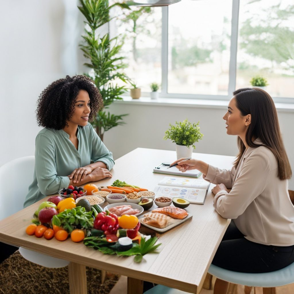 A vibrant plate of healthy food including fresh fruits, vegetables, nuts, and a piece of lean fish, symbolizing balanced, nutrient-dense nutrition.