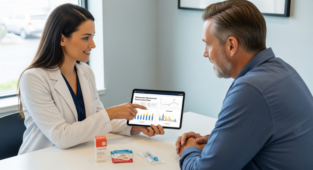 A doctor is shown explaining the benefits of BHRT pellet therapy to a female patient, with a small hormone pellet resting on a medical tray, symbolizing advanced, long-term HRT treatment.