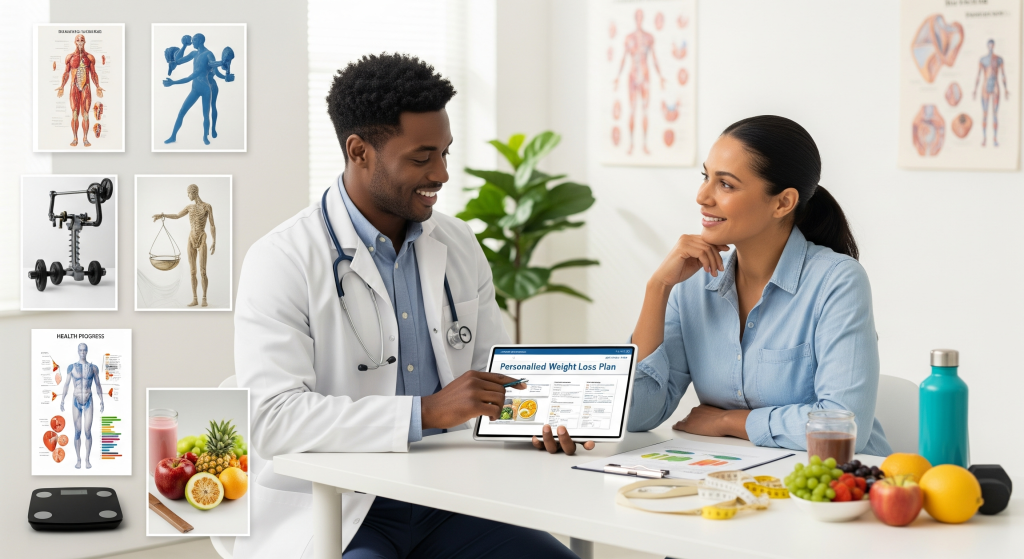A side-by-side image showing a set of unhealthy food options being traded for a bowl of fresh, healthy produce, symbolizing the core focus on personalized nutrition and lifestyle change for weight management.