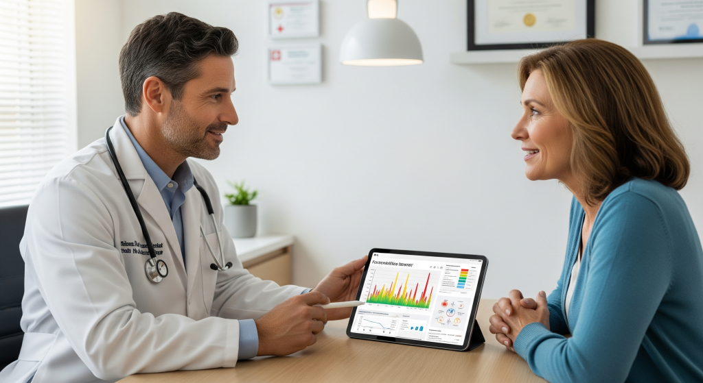 A side-by-side visual graphic showing unbalanced hormones on one side and a perfectly balanced scale of estrogen, progesterone, and testosterone on the other, symbolizing successful HRT.