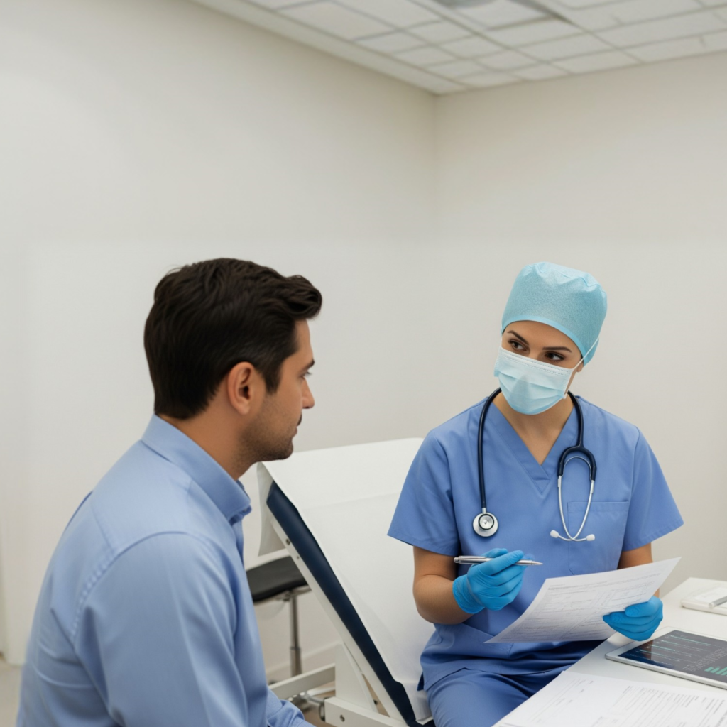 A doctor and a patient in a consultation room reviewing a chart together, with a graphic displaying 'Medical Clearance' and 'Risk Assessment,' symbolizing detailed preoperative planning.