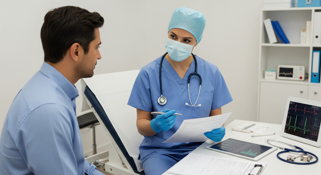 A doctor and a patient in a consultation room reviewing a chart together, with a graphic displaying 'Medical Clearance' and 'Risk Assessment,' symbolizing detailed preoperative planning.