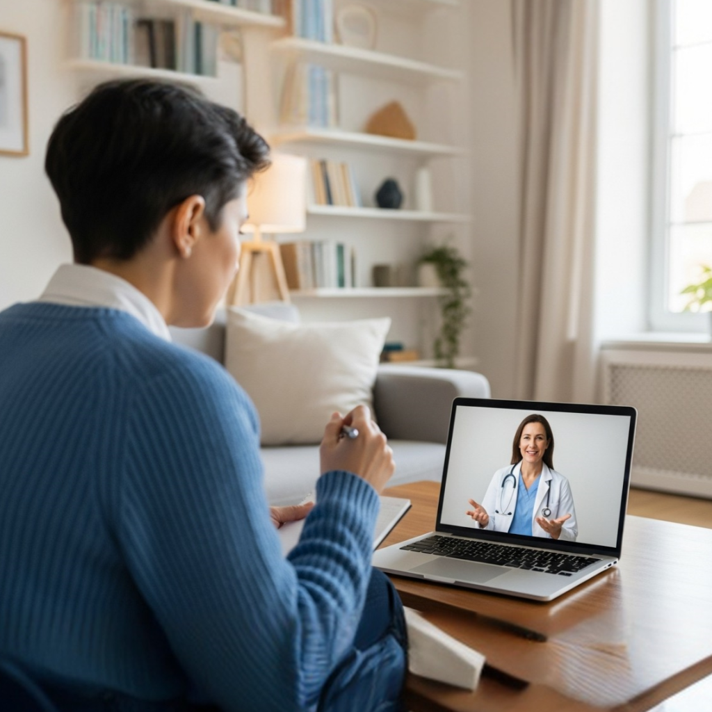 Icons representing suitable uses for telemedicine: a pill bottle (Medication), a magnifying glass (Diagnosis/Review), a brain (Mental Health), and a heart (Chronic Care Monitoring).
