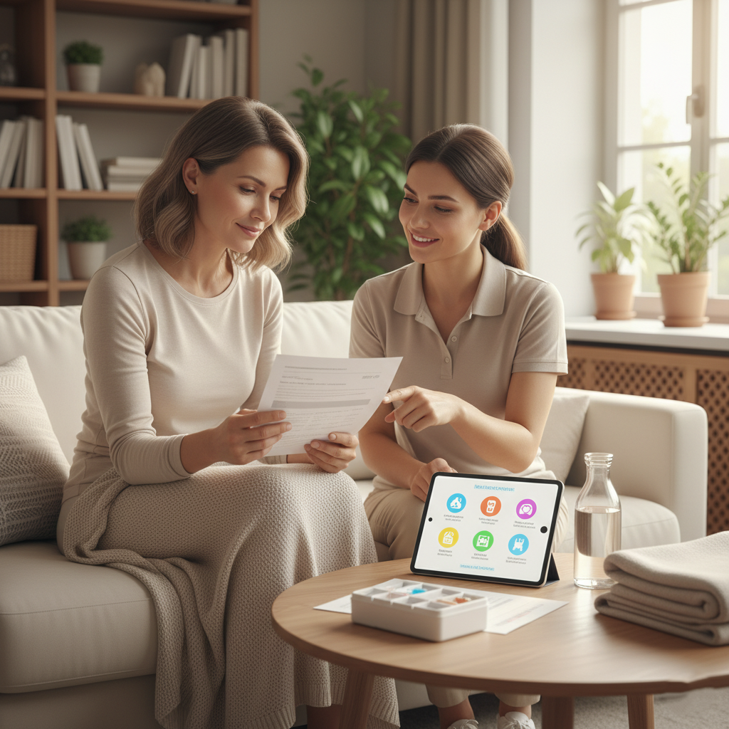 Patient receiving post-discharge guidance from a care coordinator in a supportive home-recovery setting.