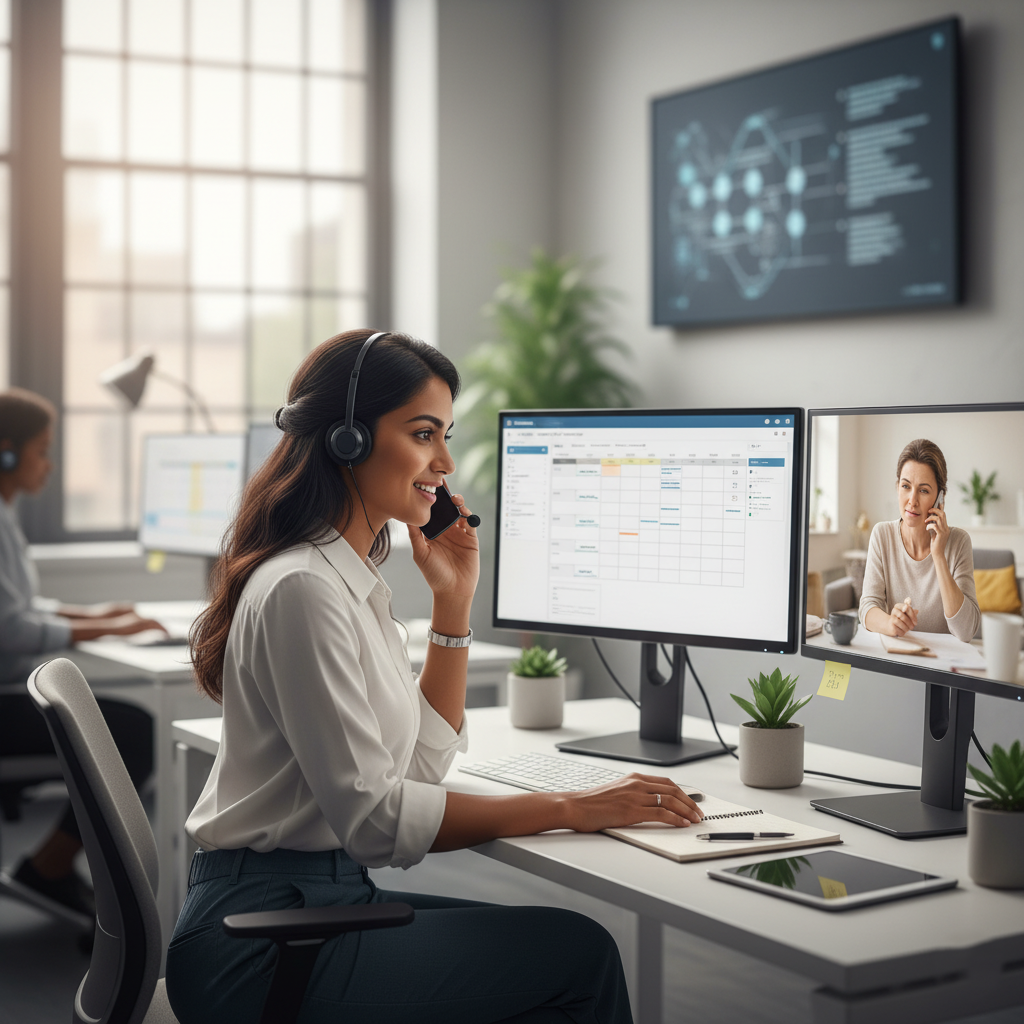 Care navigator assisting a patient by phone with scheduling and discharge guidance.
