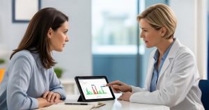 Healthcare provider reviewing blood test results with a patient on a tablet