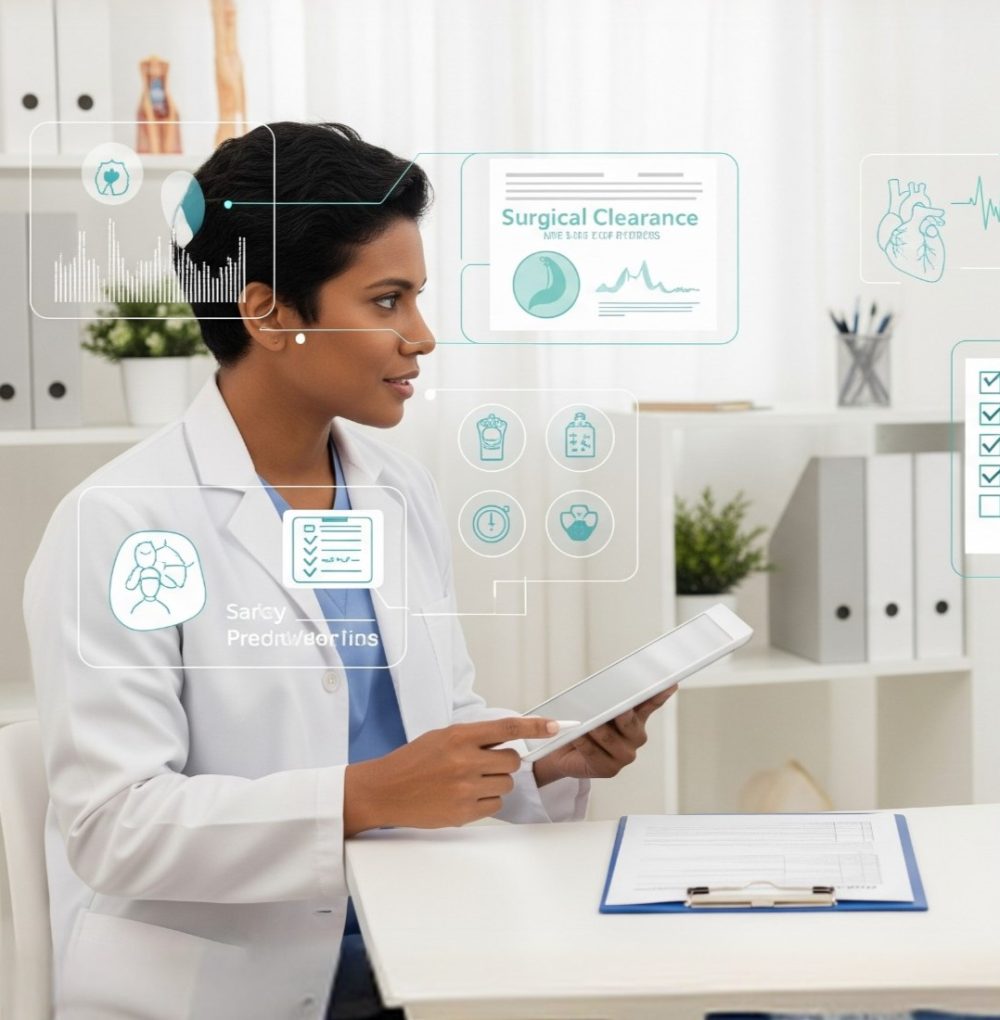 A doctor and patient reviewing a checklist of pre-surgical steps, including 'Medications Reviewed' and 'Health Optimized,' symbolizing thorough preparation and patient involvement.