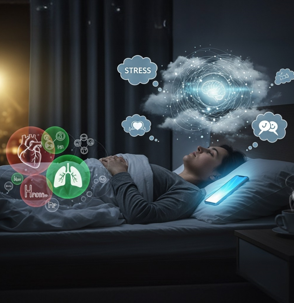 A clock face with hands spinning erratically next to an image of a person struggling to sleep, illustrating the theme of disrupted circadian rhythm and irregular sleep.