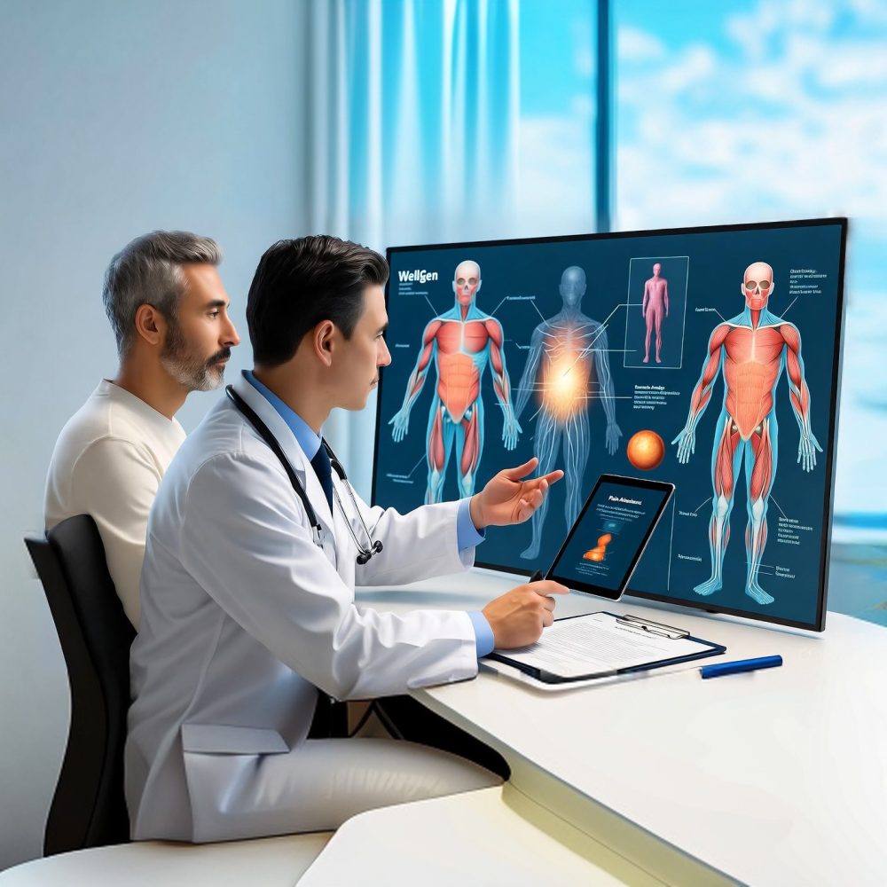 Doctor explaining chronic pain causes and risk factors to a patient during consultation at WellGen Health