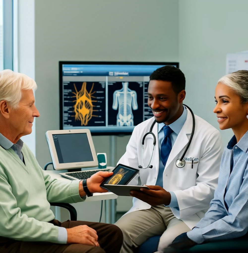 Doctor reviewing MRI scans with patient to diagnose chronic pain at WellGen Health clinic