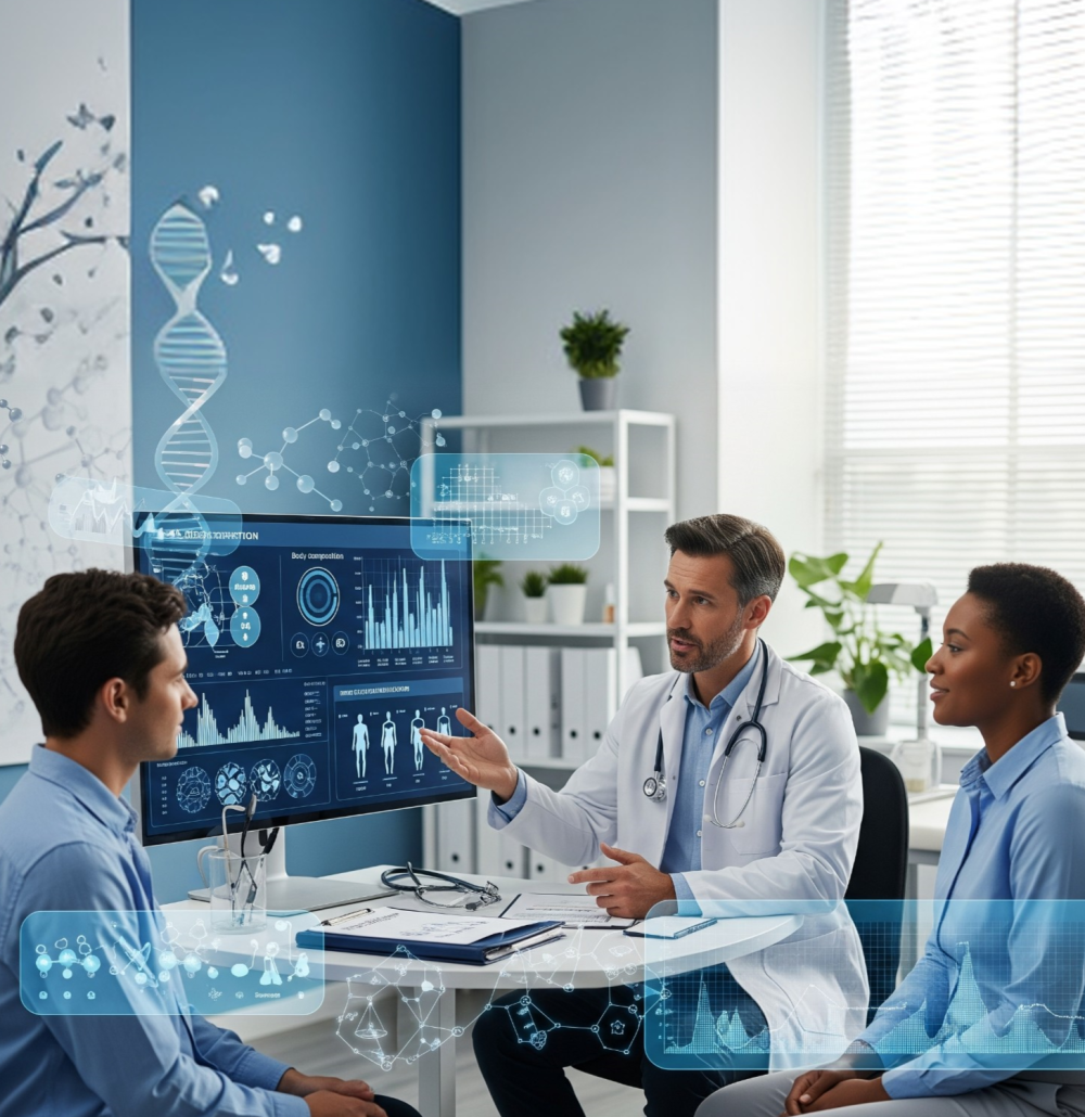 A doctor and patient reviewing a comprehensive lab report displaying results for 'Thyroid Function,' 'Insulin Levels,' and 'Body Composition,' symbolizing detailed metabolic diagnosis.