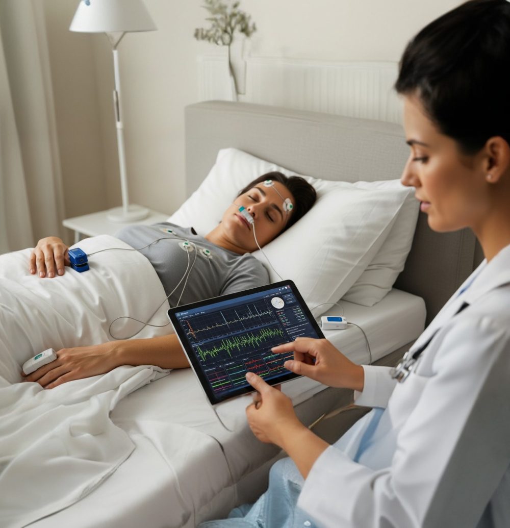 A side-by-side image showing a person using a compact Home Sleep Test (HST) device on one side and a detailed graph of a Polysomnography (PSG) sleep study on the other.