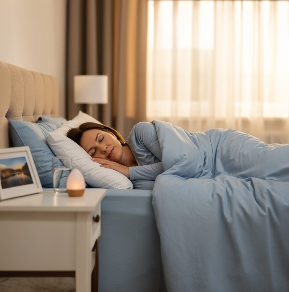 A relaxed person sleeping soundly in a bed with a gentle, calming light, symbolizing successful treatment and the achievement of restful, deep sleep.