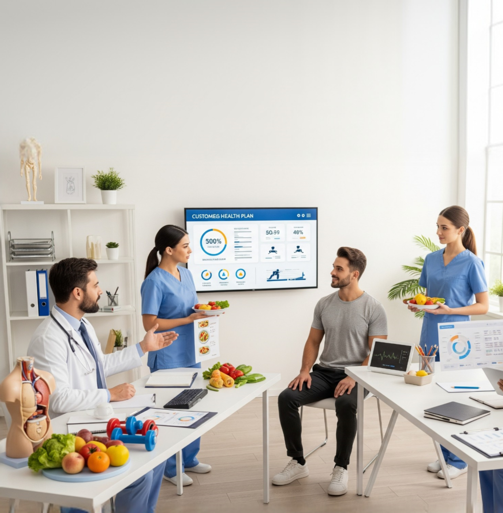 A diverse group of healthcare professionals (doctor, nutritionist, fitness coach) collaborating over a patient's personalized weight loss chart, symbolizing the multidisciplinary approach to obesity treatment.