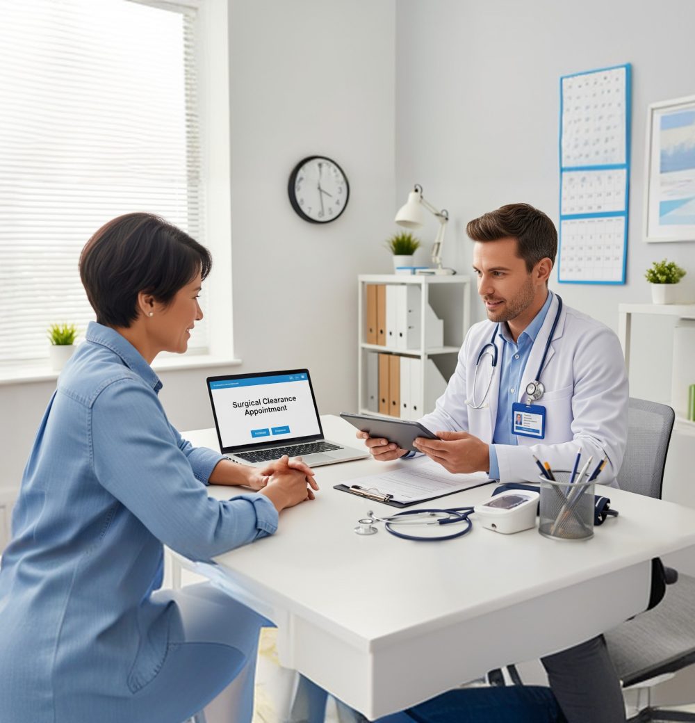 A calendar with a date circled several weeks in the future, next to a medical form with a check mark, symbolizing the timely and complete scheduling of a surgical clearance appointment.