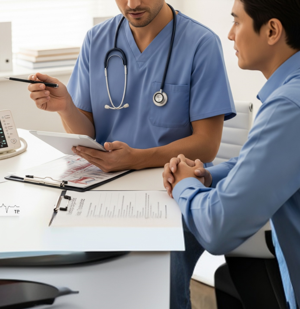 A doctor pointing to a cardiac risk assessment chart during a consultation with a patient, highlighting the importance of pre-surgical screening for heart health and safety.