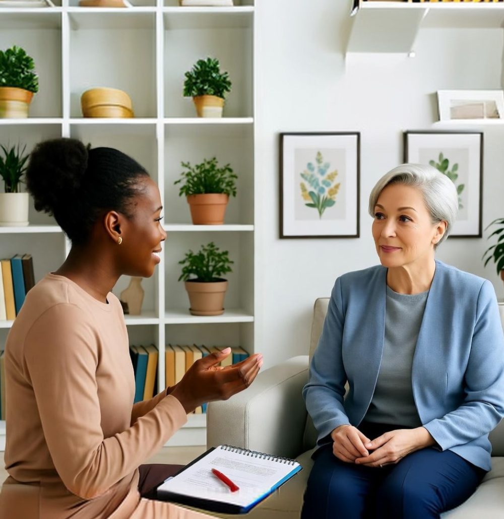Patient receiving compassionate mental health support from a WellGen Health specialist in a comfortable clinic setting