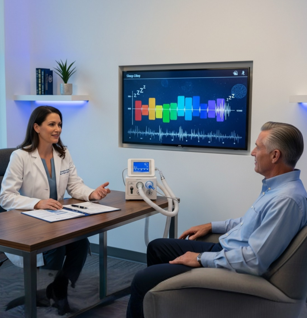 A graphic illustrating the blend of sleep disorder treatments: an icon for talk therapy (CBT-I), an icon for a CPAP mask, and an icon for a moon/clock (Sleep Hygiene).