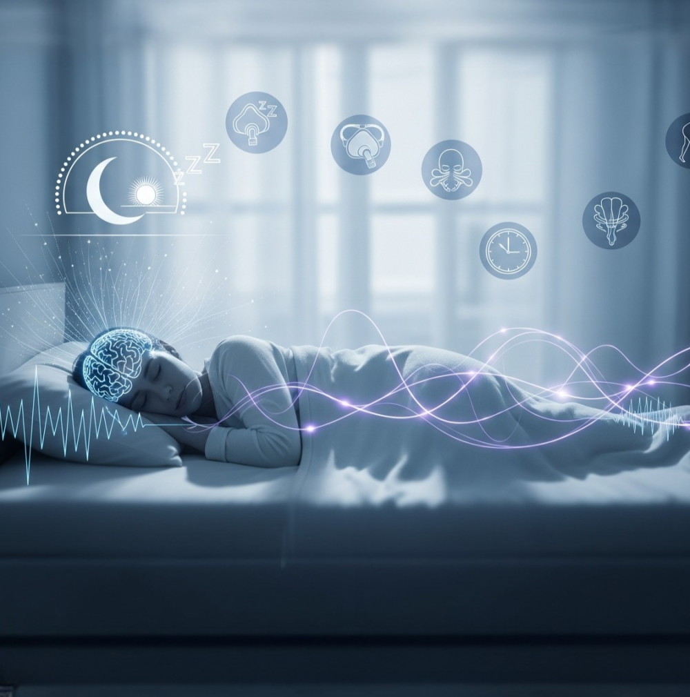 An icon showing a half-moon and stars above a sleeping figure, with a subtle cracked line through the image, symbolizing the disruption and complexity of sleep disorders.