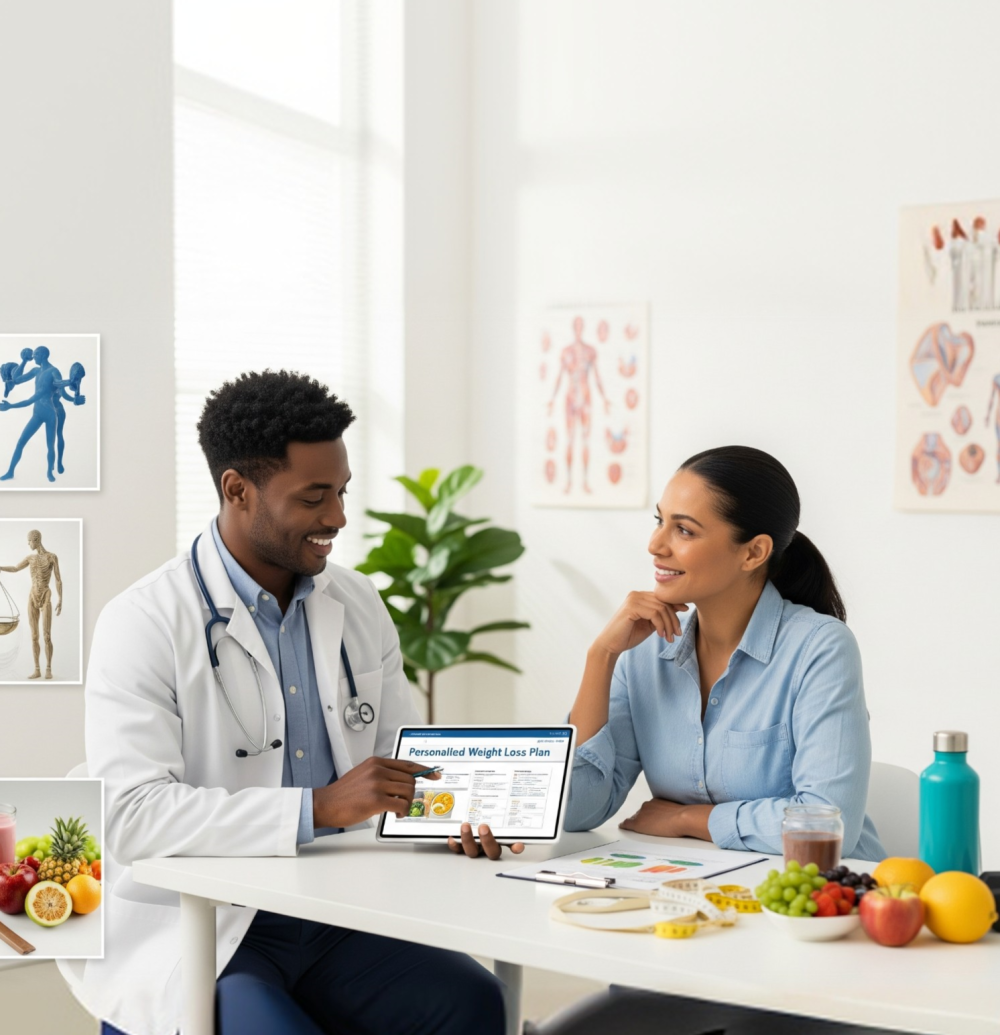 A side-by-side image showing a set of unhealthy food options being traded for a bowl of fresh, healthy produce, symbolizing the core focus on personalized nutrition and lifestyle change for weight management.
