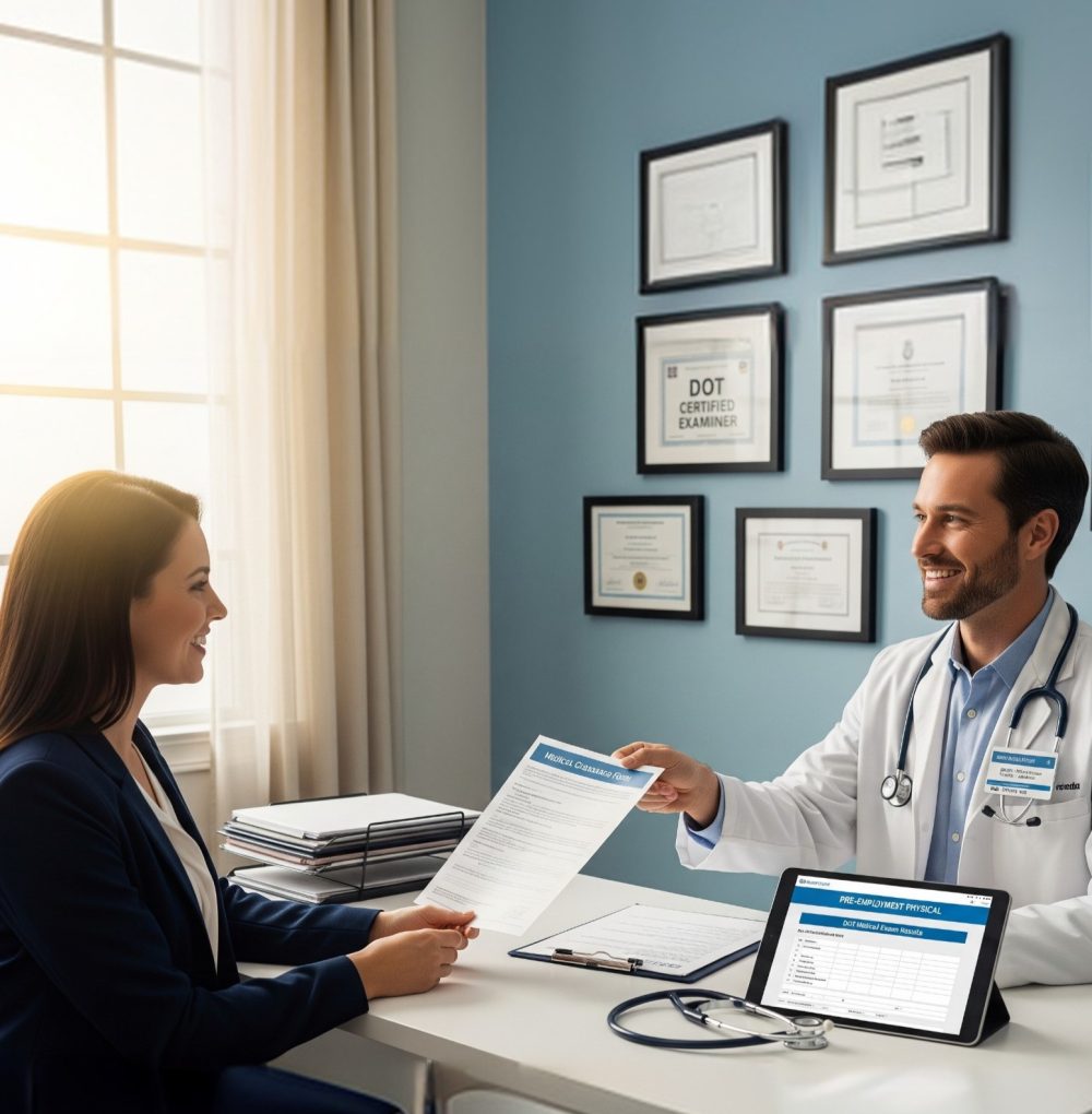 A close-up of a professional handshake between a friendly clinician in a white coat and a construction worker in a safety vest, symbolizing the partnership, trust, and compliance offered by WellGen Health.